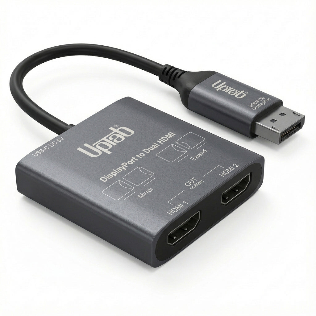 UPTab DisplayPort to Dual HDMI 4K@60hZ adapter with Uppat branding on a white background