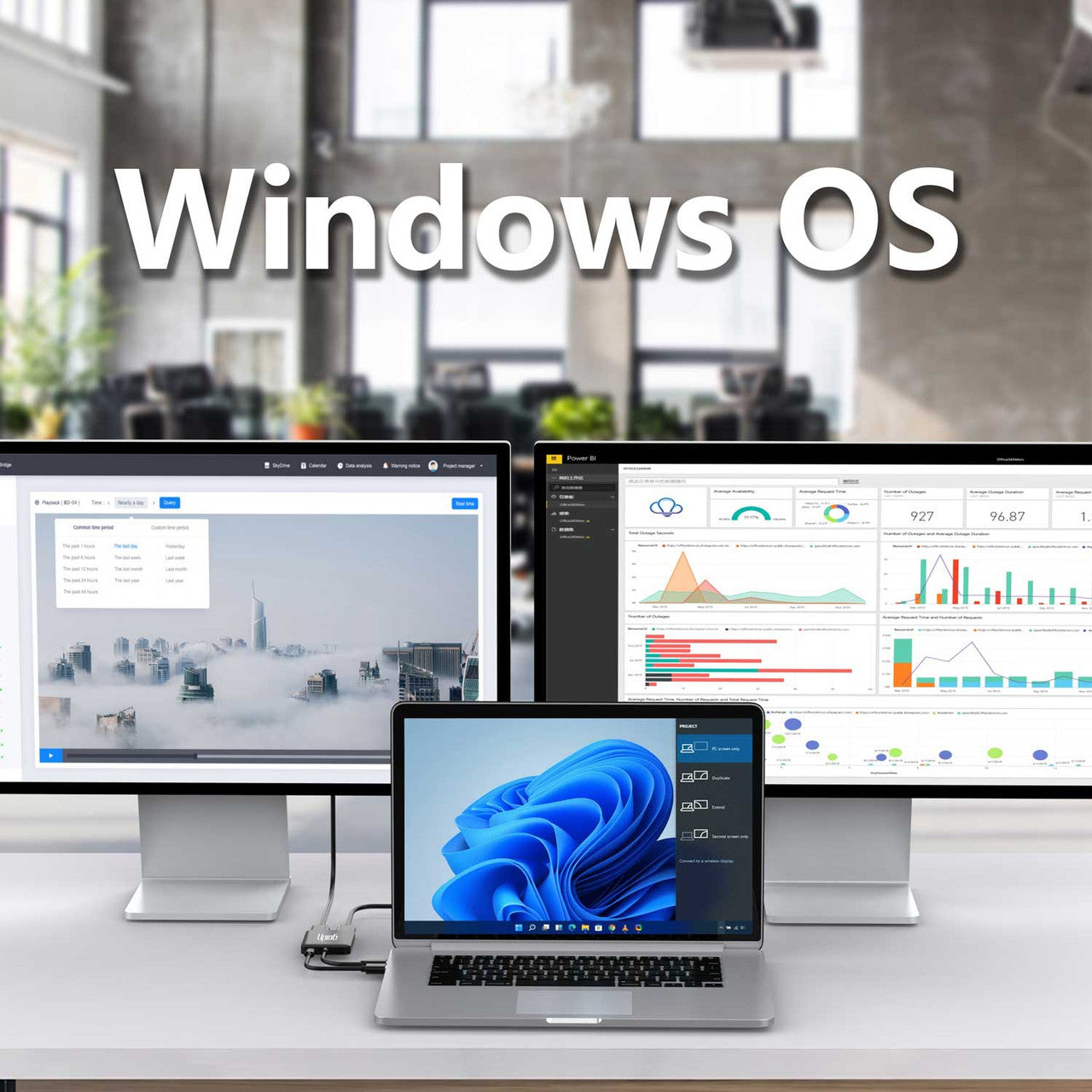 UPTab Mini DisplayPort to Dual HDMI Adapter connected to a laptop, enabling dual 4K 60Hz monitors for enhanced productivity and entertainment.